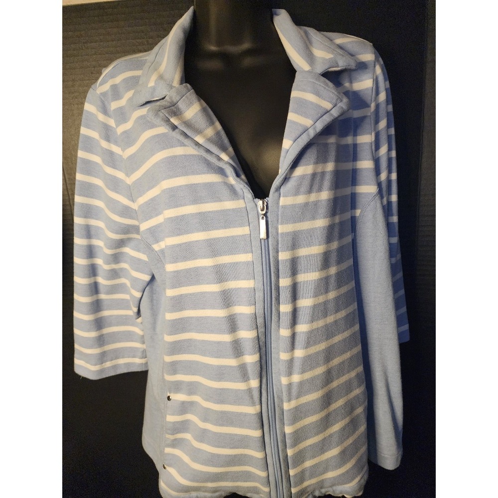Karen Scott Sport Jacket Full Zip Pockets Collar Striped Light Blue White Sz XL